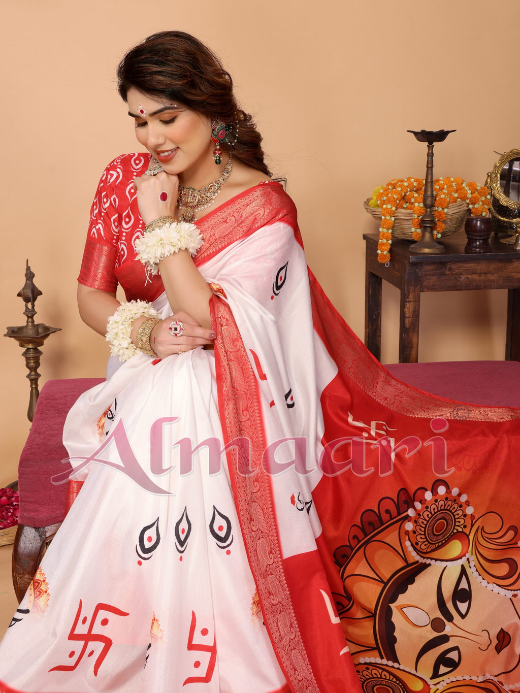 Off-White & Vermilion Red Pure Tussar Silk Saree with Durga Eyes & Devi Face Pallu | Zari Border & Festive Tassels
