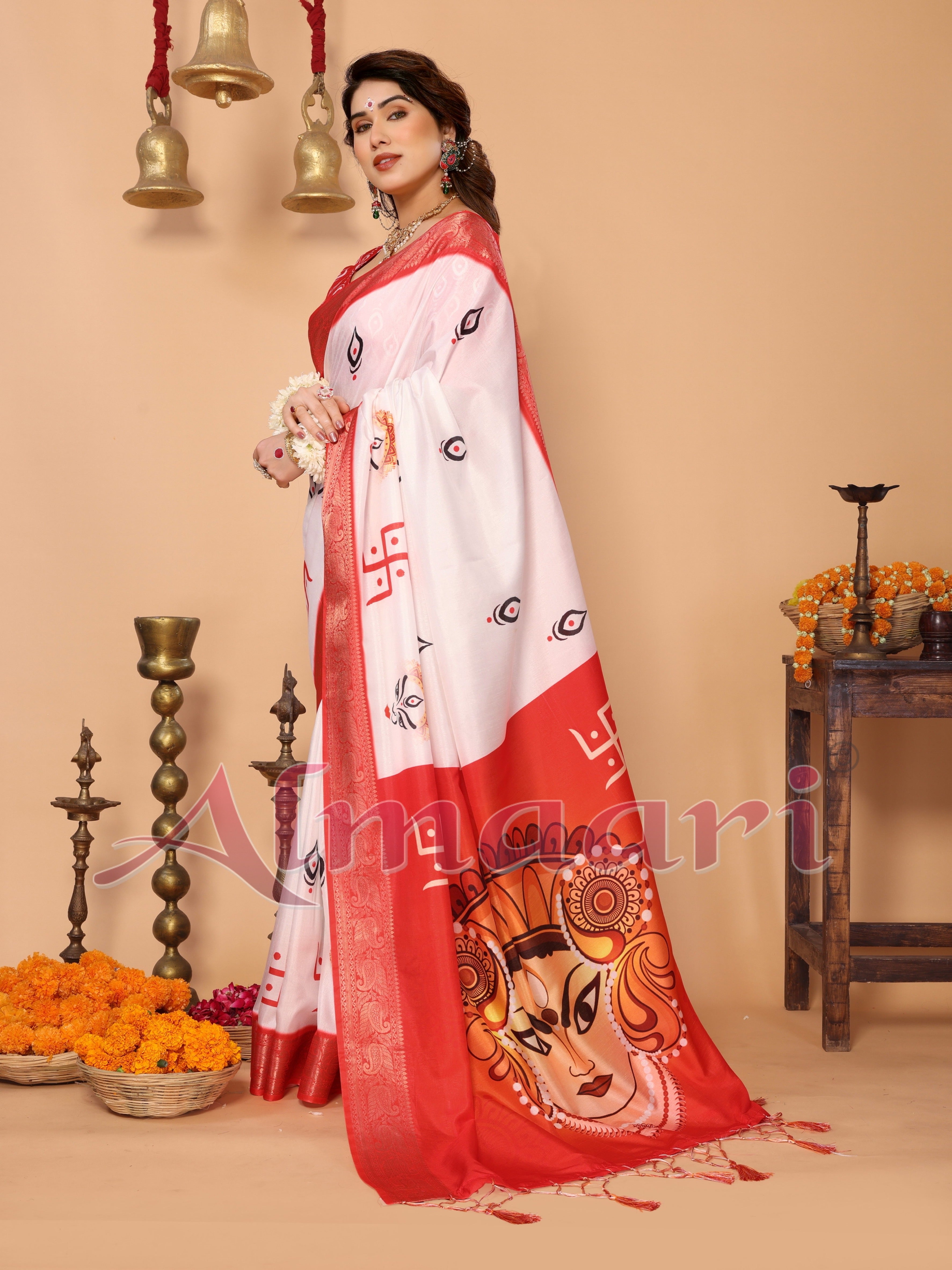 Off-White & Vermilion Red Pure Tussar Silk Saree with Durga Eyes & Devi Face Pallu | Zari Border & Festive Tassels