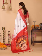 Off-White & Vermilion Red Pure Tussar Silk Saree with Durga Eyes & Devi Face Pallu | Zari Border & Festive Tassels