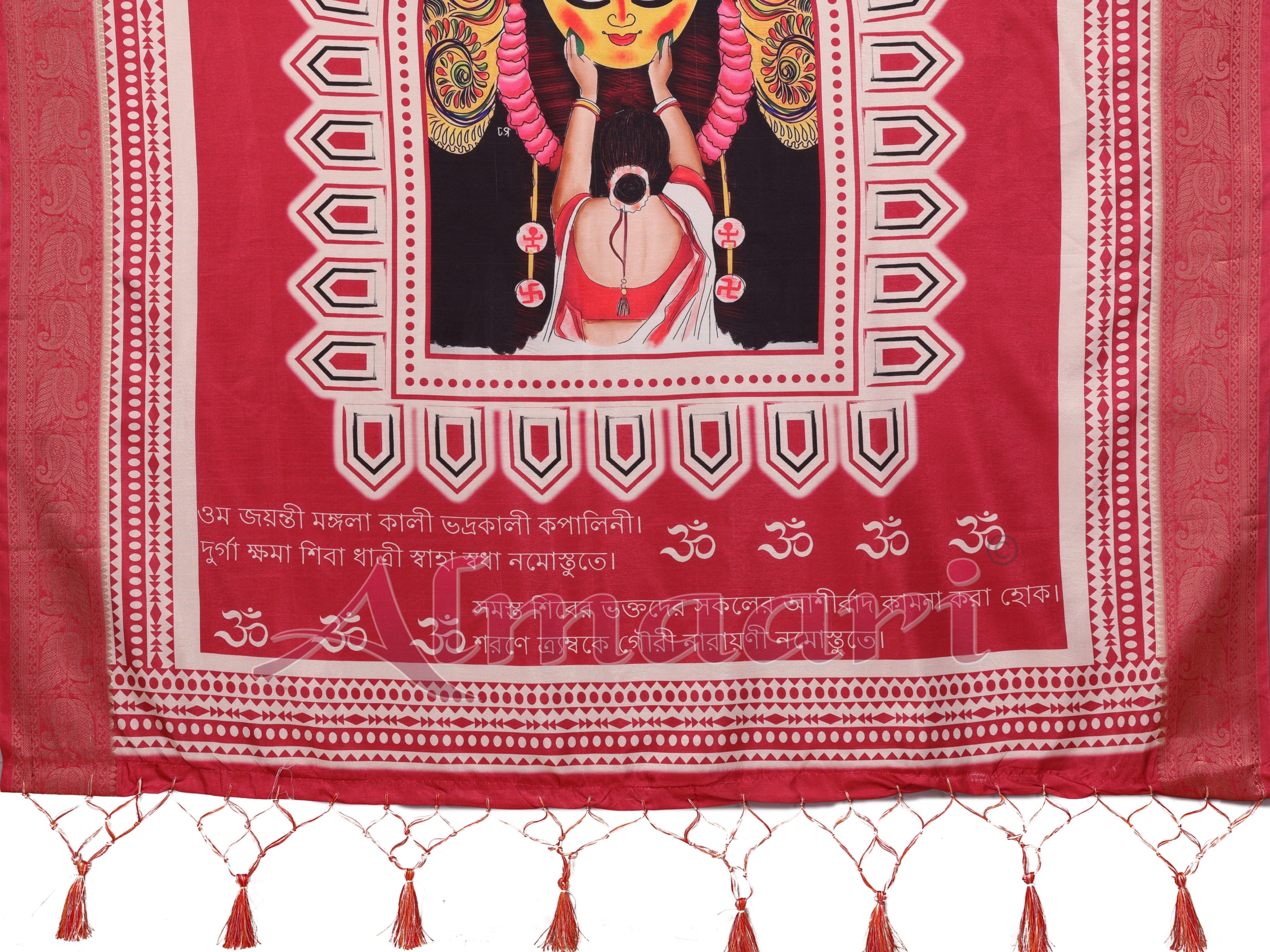 Rose Pink & Crimson Tussar Silk Saree with Kalighat Puja Artwork & Zari Border | Festive Tassel Pallu | Special Durga Puja Collection