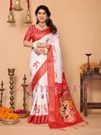 Off-White & Vermilion Red Pure Tussar Silk Saree with Durga Eyes & Devi Face Pallu | Zari Border & Festive Tassels