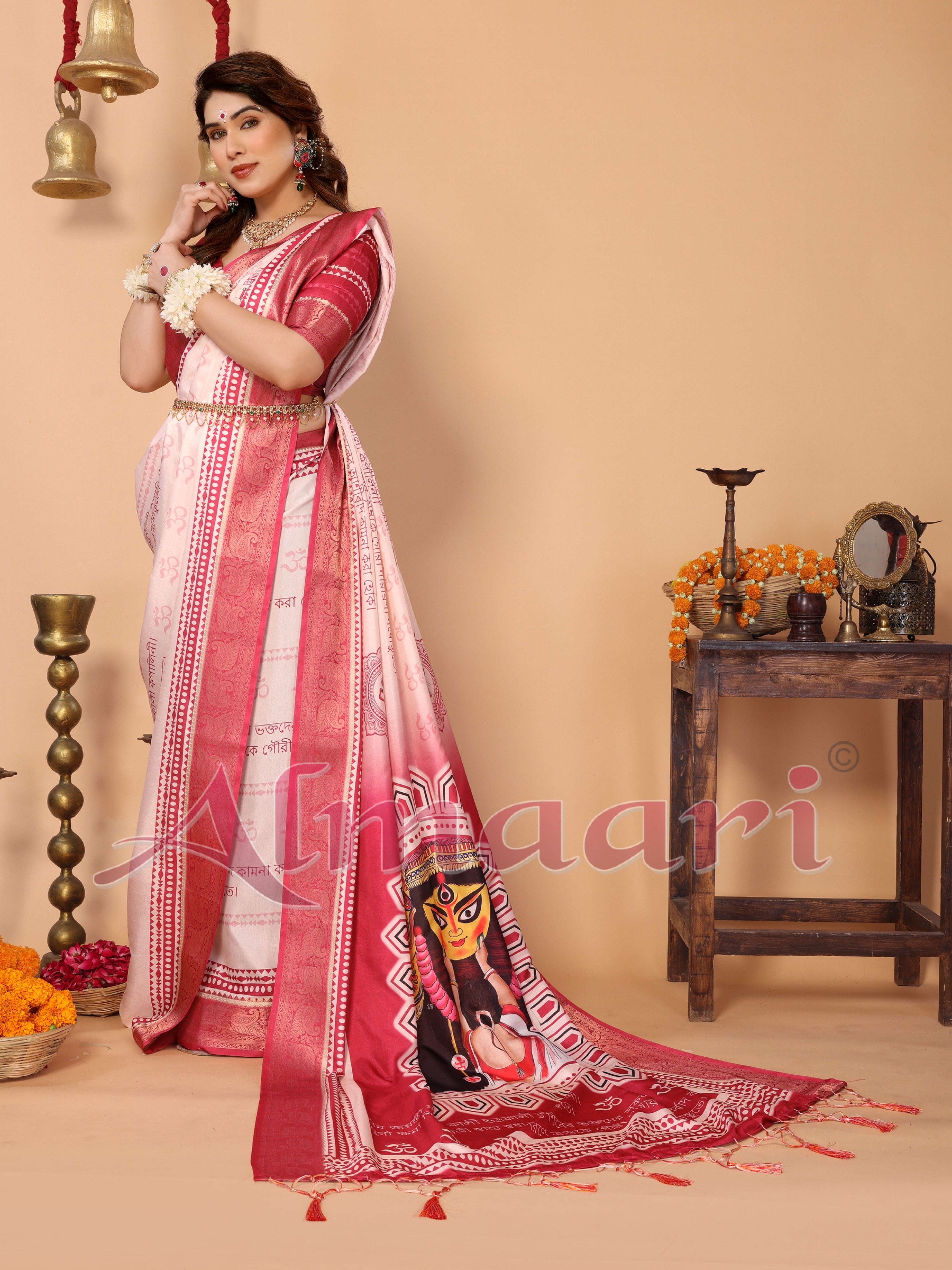Rose Pink & Crimson Tussar Silk Saree with Kalighat Puja Artwork & Zari Border | Festive Tassel Pallu | Special Durga Puja Collection