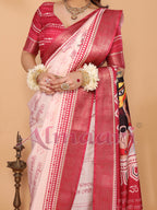 Rose Pink & Crimson Tussar Silk Saree with Kalighat Puja Artwork & Zari Border | Festive Tassel Pallu | Special Durga Puja Collection