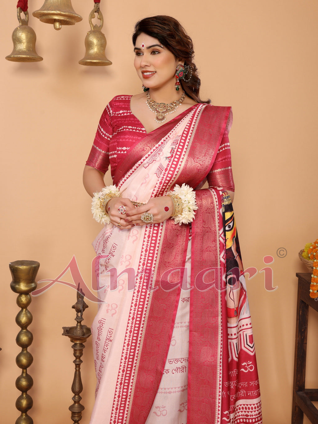 Rose Pink & Crimson Tussar Silk Saree with Kalighat Puja Artwork & Zari Border | Festive Tassel Pallu | Special Durga Puja Collection