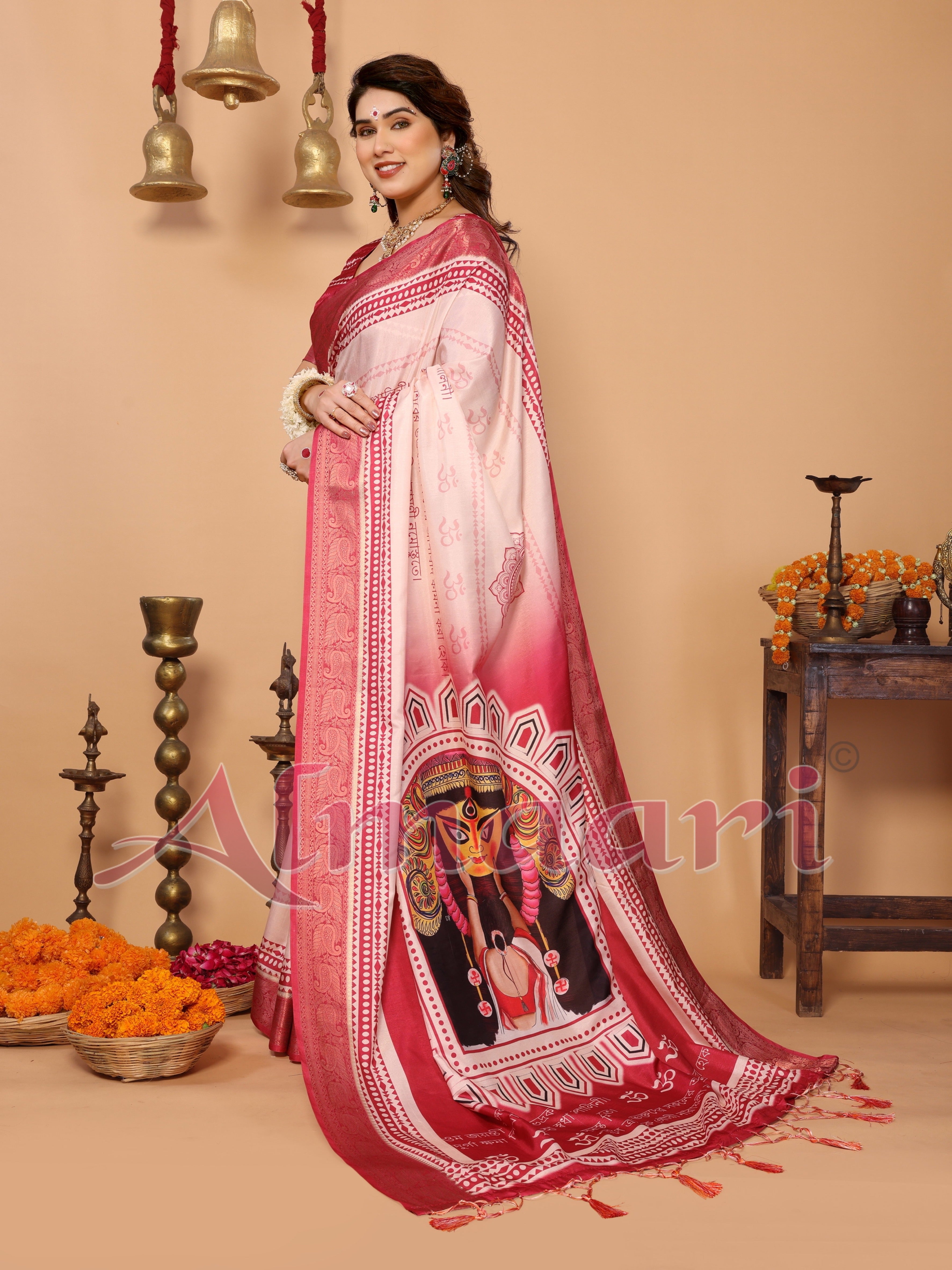 Rose Pink & Crimson Tussar Silk Saree with Kalighat Puja Artwork & Zari Border | Festive Tassel Pallu | Special Durga Puja Collection