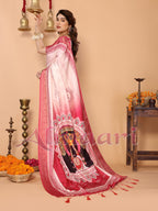 Rose Pink & Crimson Tussar Silk Saree with Kalighat Puja Artwork & Zari Border | Festive Tassel Pallu | Special Durga Puja Collection