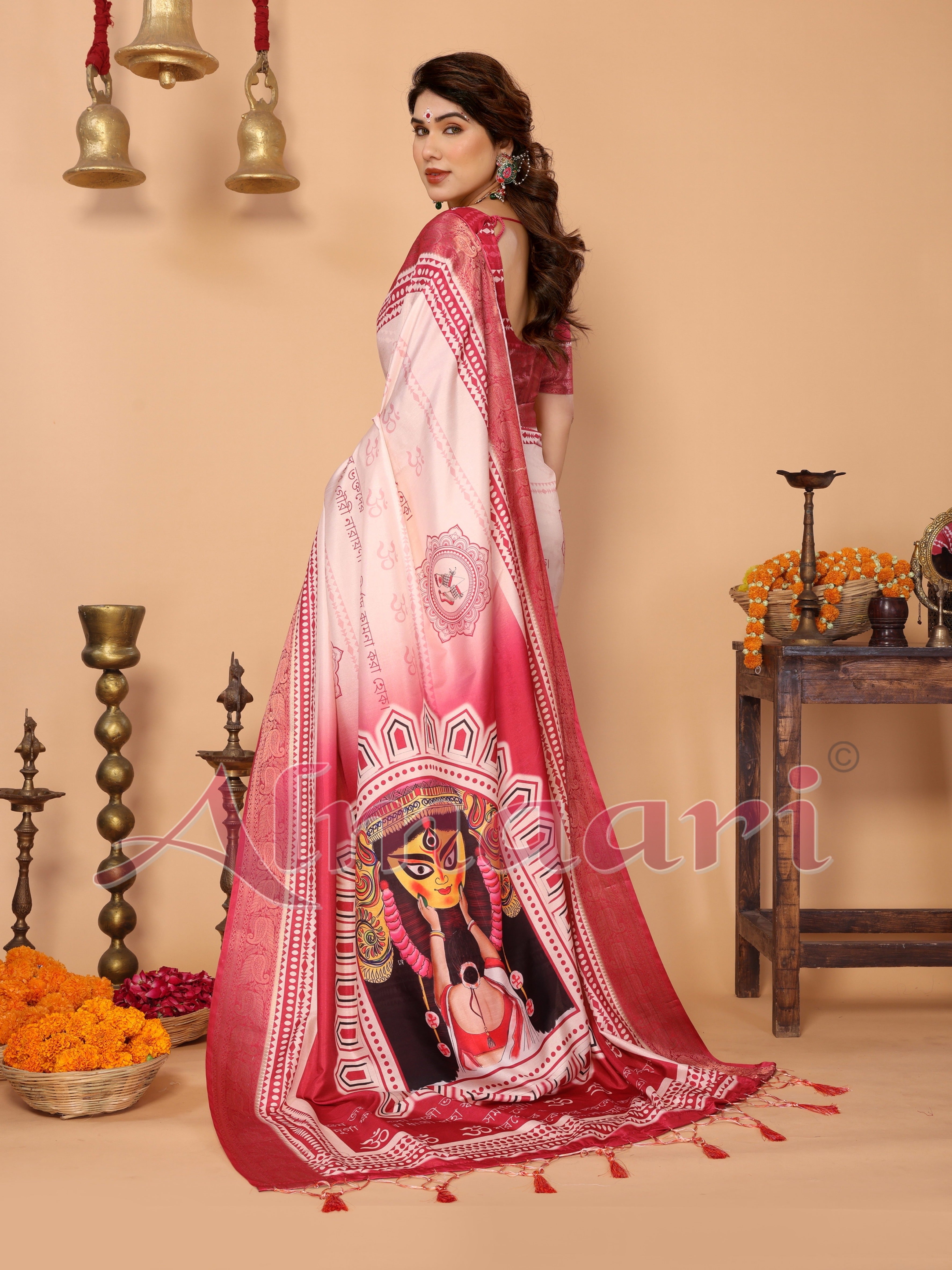 Rose Pink & Crimson Tussar Silk Saree with Kalighat Puja Artwork & Zari Border | Festive Tassel Pallu | Special Durga Puja Collection