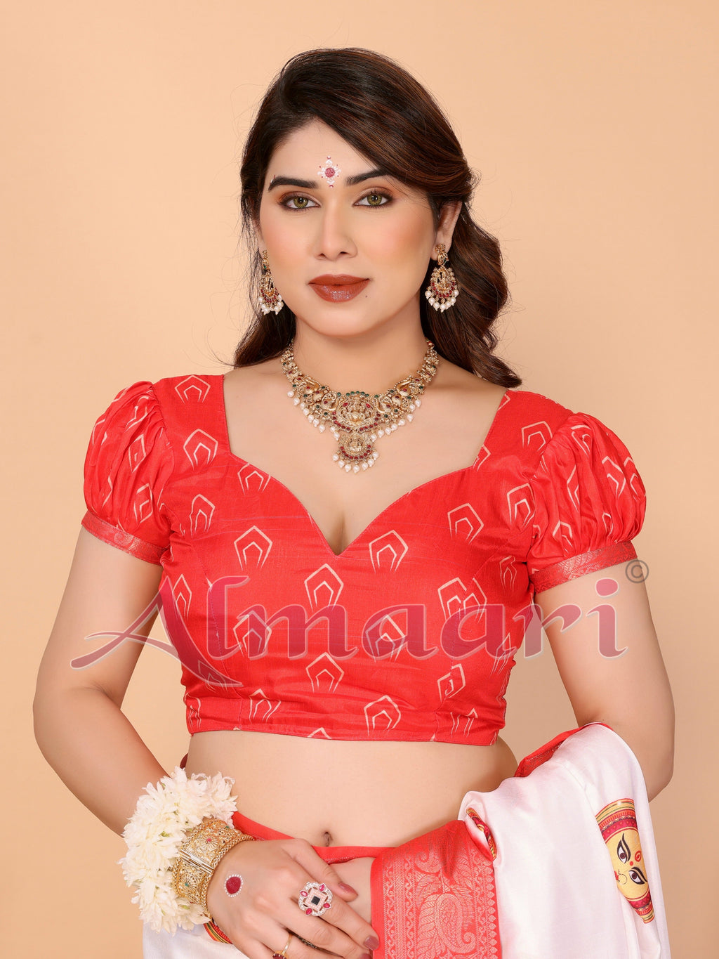 Off-White & Red Pure Tussar Silk Saree with Durga Face Print & Zari Woven Border | Festive Pallu & Tassel Detailing