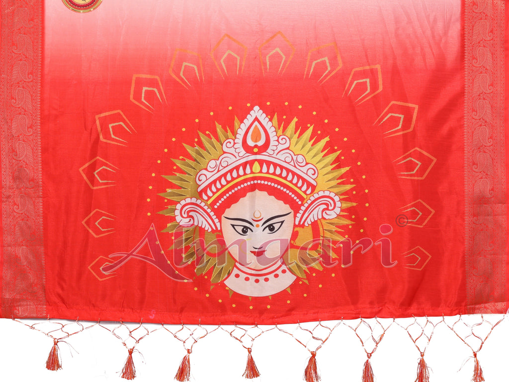 Off-White & Red Pure Tussar Silk Saree with Durga Face Print & Zari Woven Border | Festive Pallu & Tassel Detailing