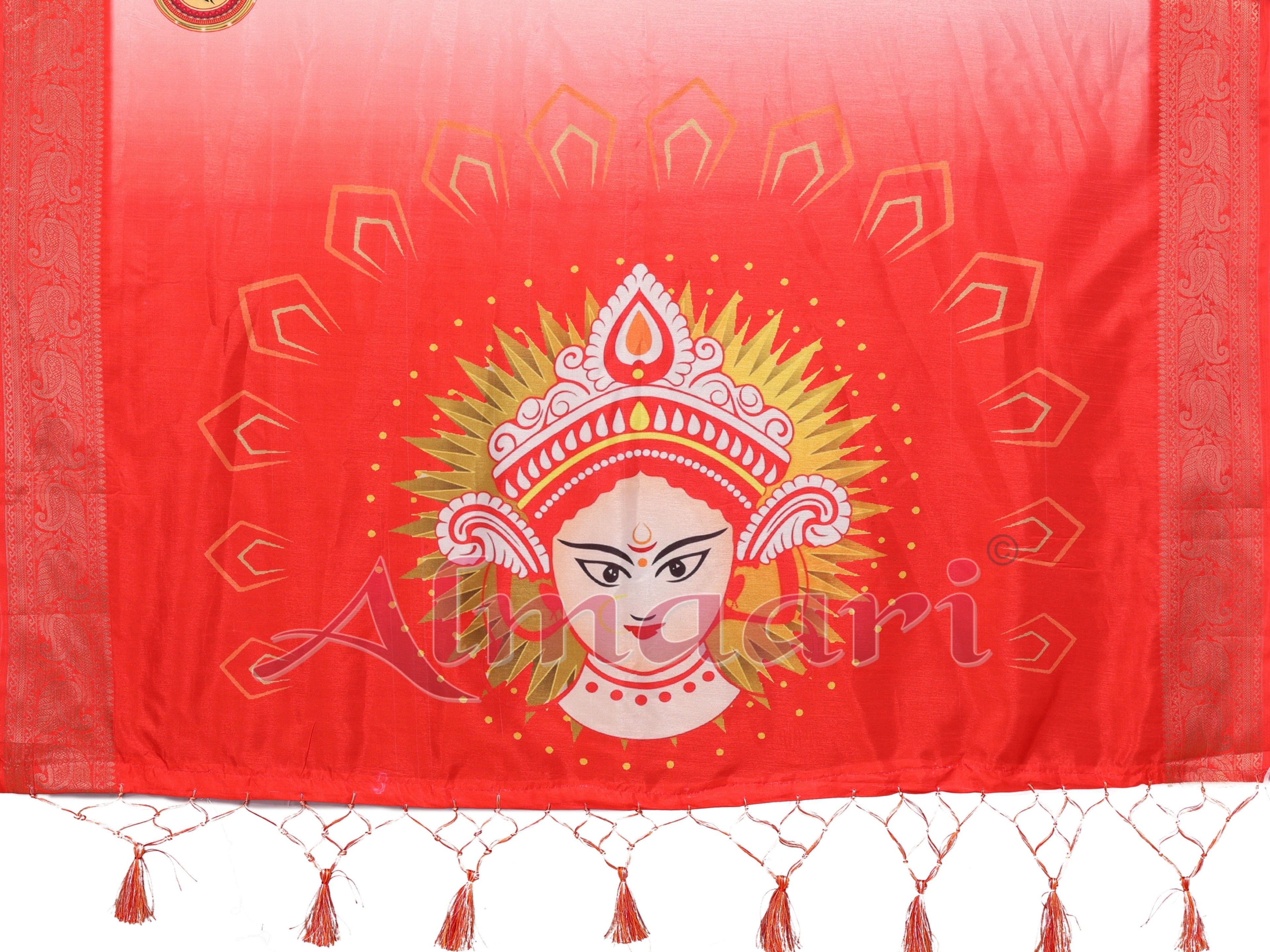 Off-White & Red Pure Tussar Silk Saree with Durga Face Print & Zari Woven Border | Festive Pallu & Tassel Detailing