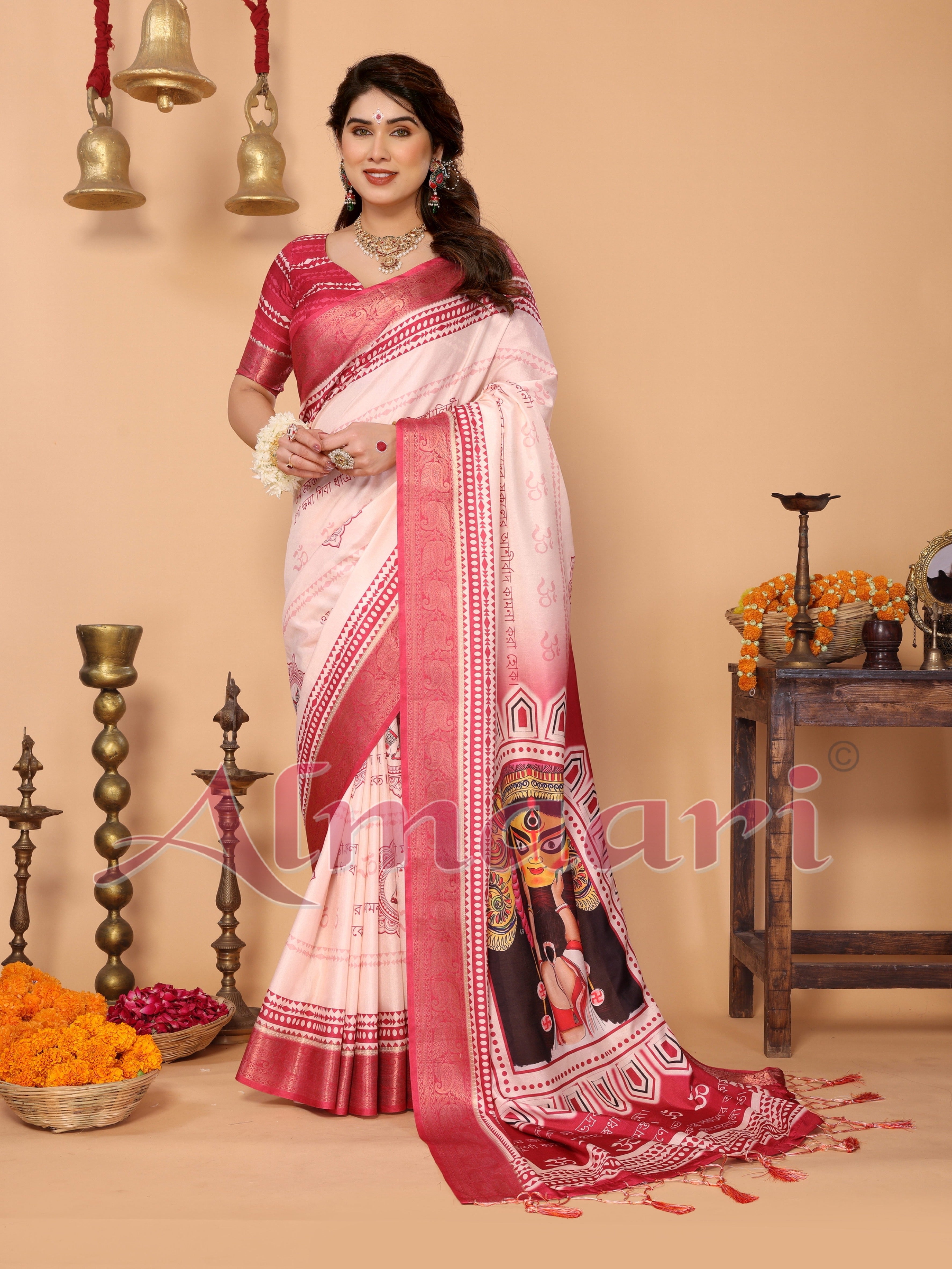 Rose Pink & Crimson Tussar Silk Saree with Kalighat Puja Artwork & Zari Border | Festive Tassel Pallu | Special Durga Puja Collection