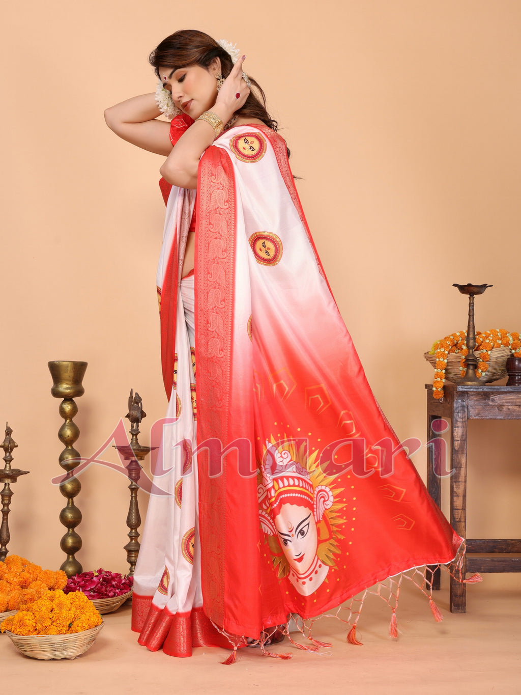 Off-White & Red Pure Tussar Silk Saree with Durga Face Print & Zari Woven Border | Festive Pallu & Tassel Detailing