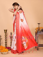 Off-White & Red Pure Tussar Silk Saree with Durga Face Print & Zari Woven Border | Festive Pallu & Tassel Detailing