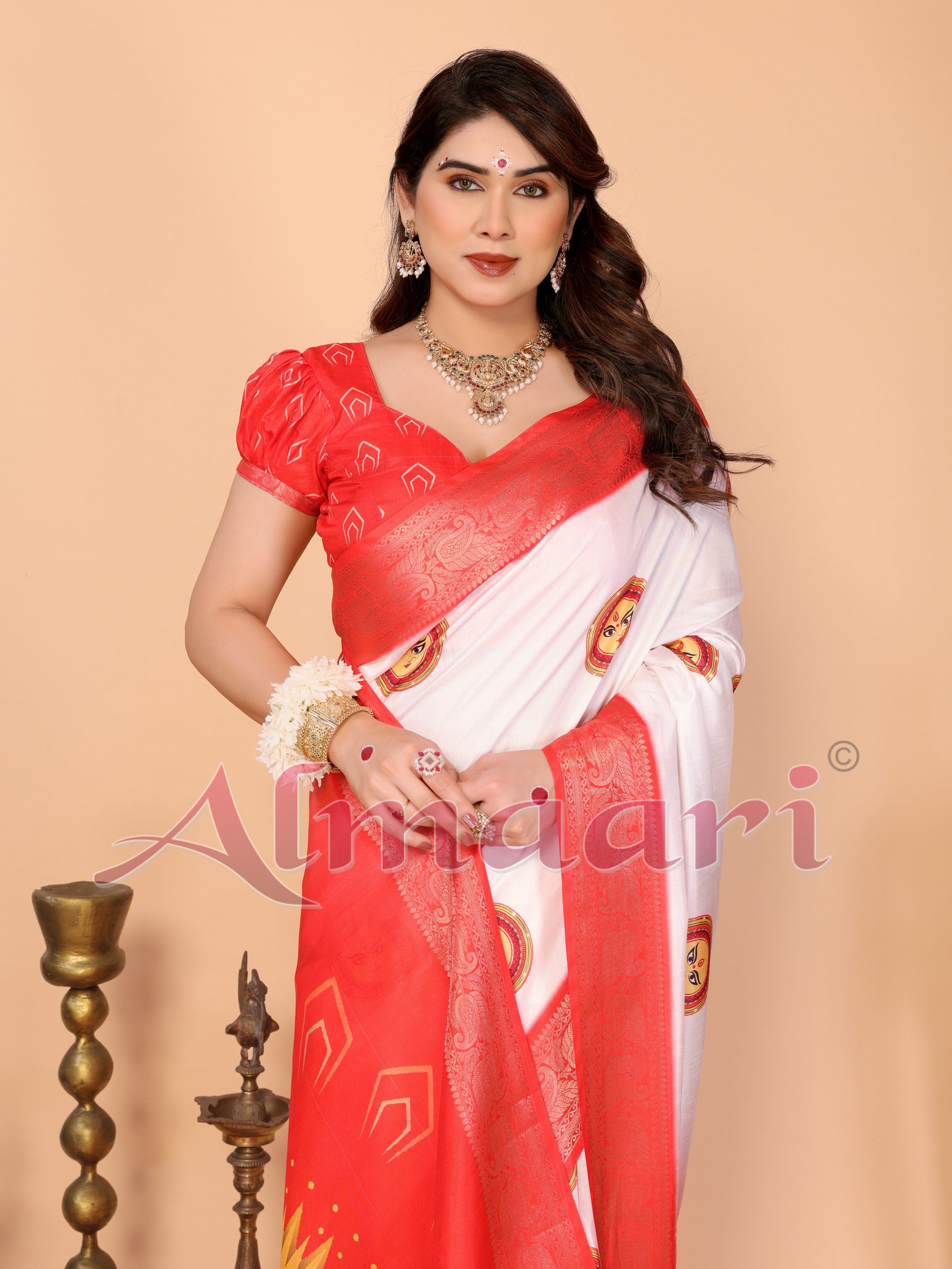 Off-White & Red Pure Tussar Silk Saree with Durga Face Print & Zari Woven Border | Festive Pallu & Tassel Detailing