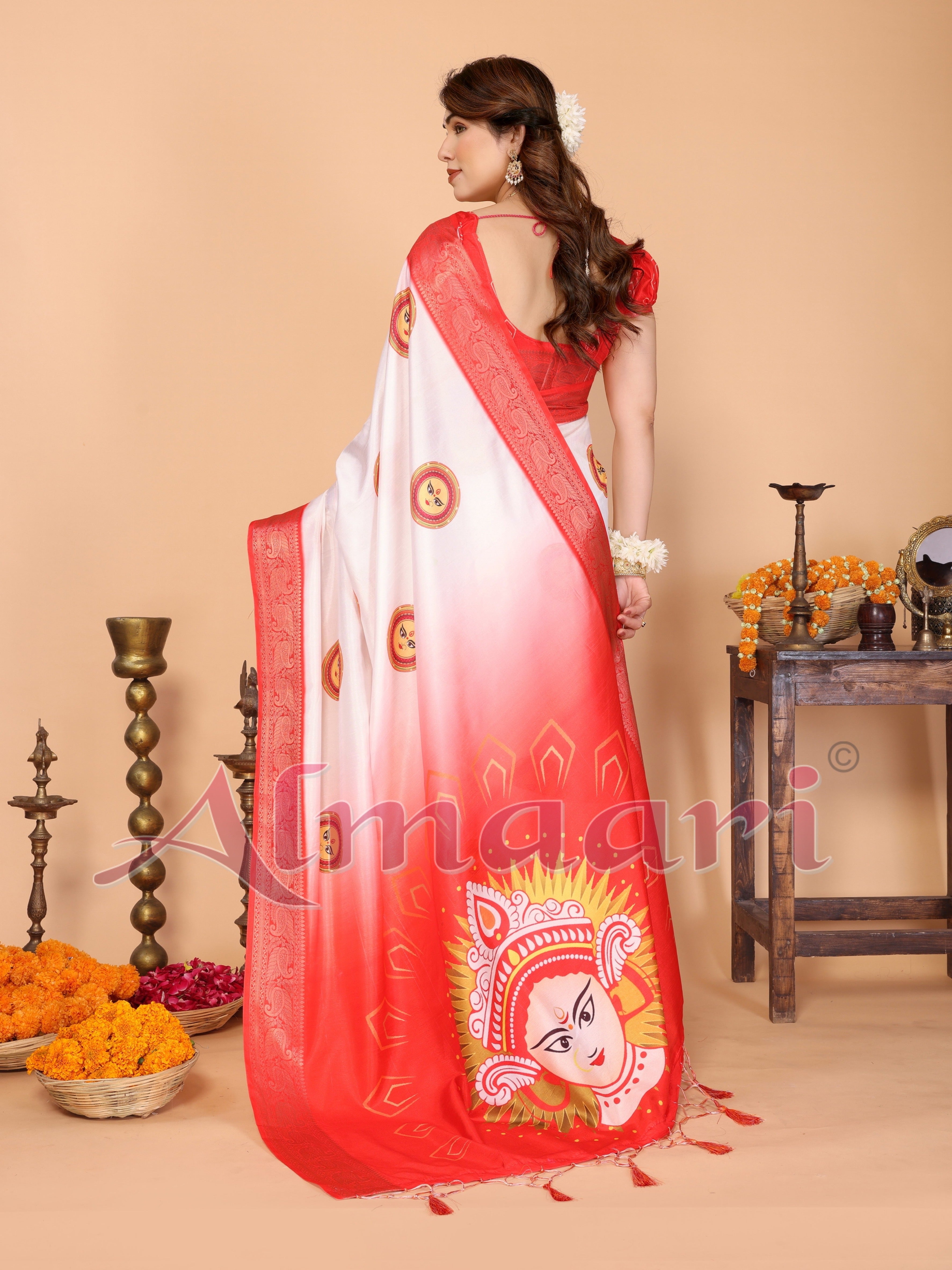Off-White & Red Pure Tussar Silk Saree with Durga Face Print & Zari Woven Border | Festive Pallu & Tassel Detailing