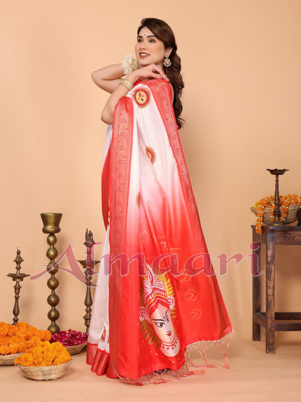 Off-White & Red Pure Tussar Silk Saree with Durga Face Print & Zari Woven Border | Festive Pallu & Tassel Detailing