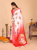 Off-White & Red Pure Tussar Silk Saree with Durga Face Print & Zari Woven Border | Festive Pallu & Tassel Detailing