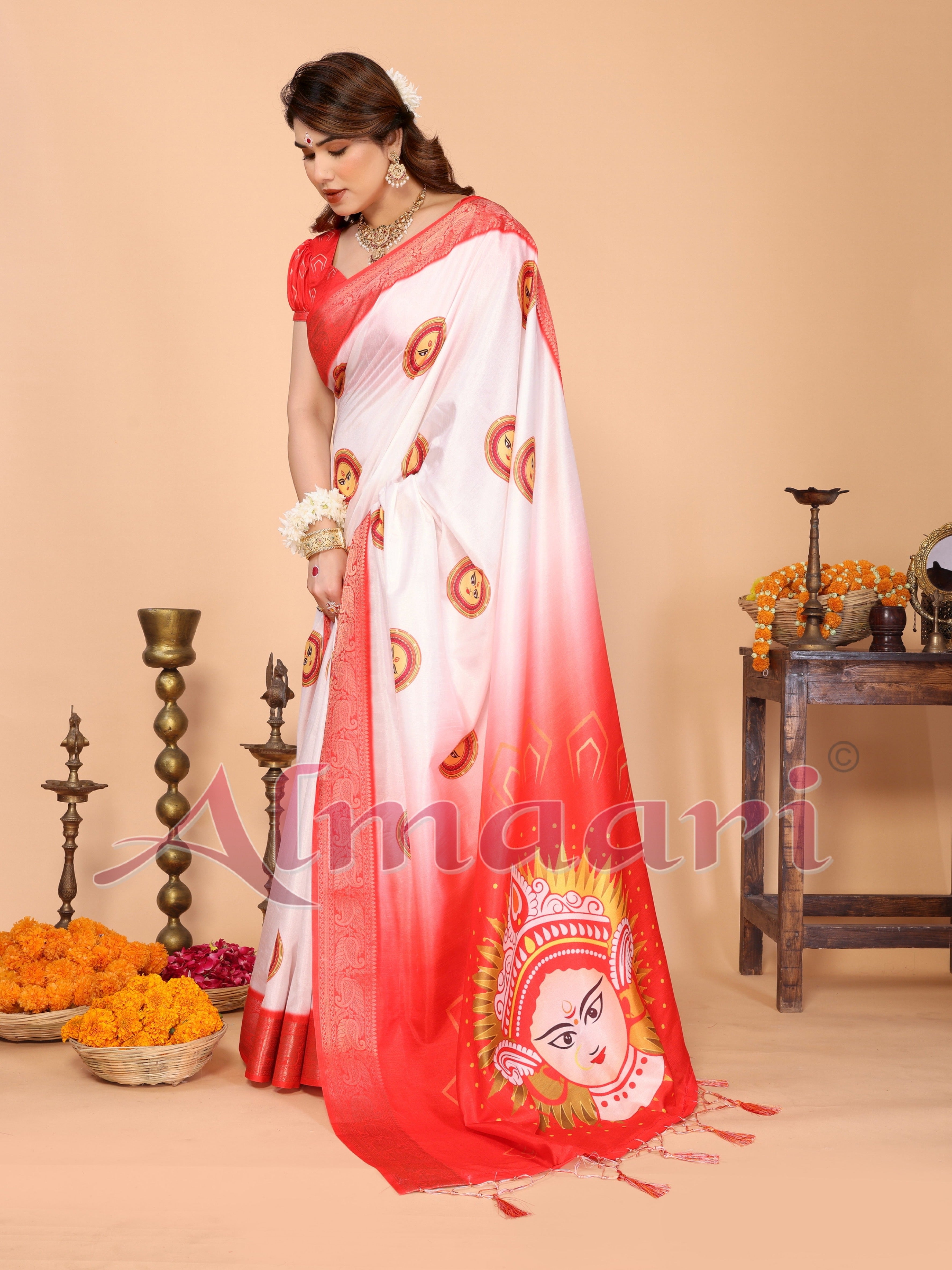 Off-White & Red Pure Tussar Silk Saree with Durga Face Print & Zari Woven Border | Festive Pallu & Tassel Detailing