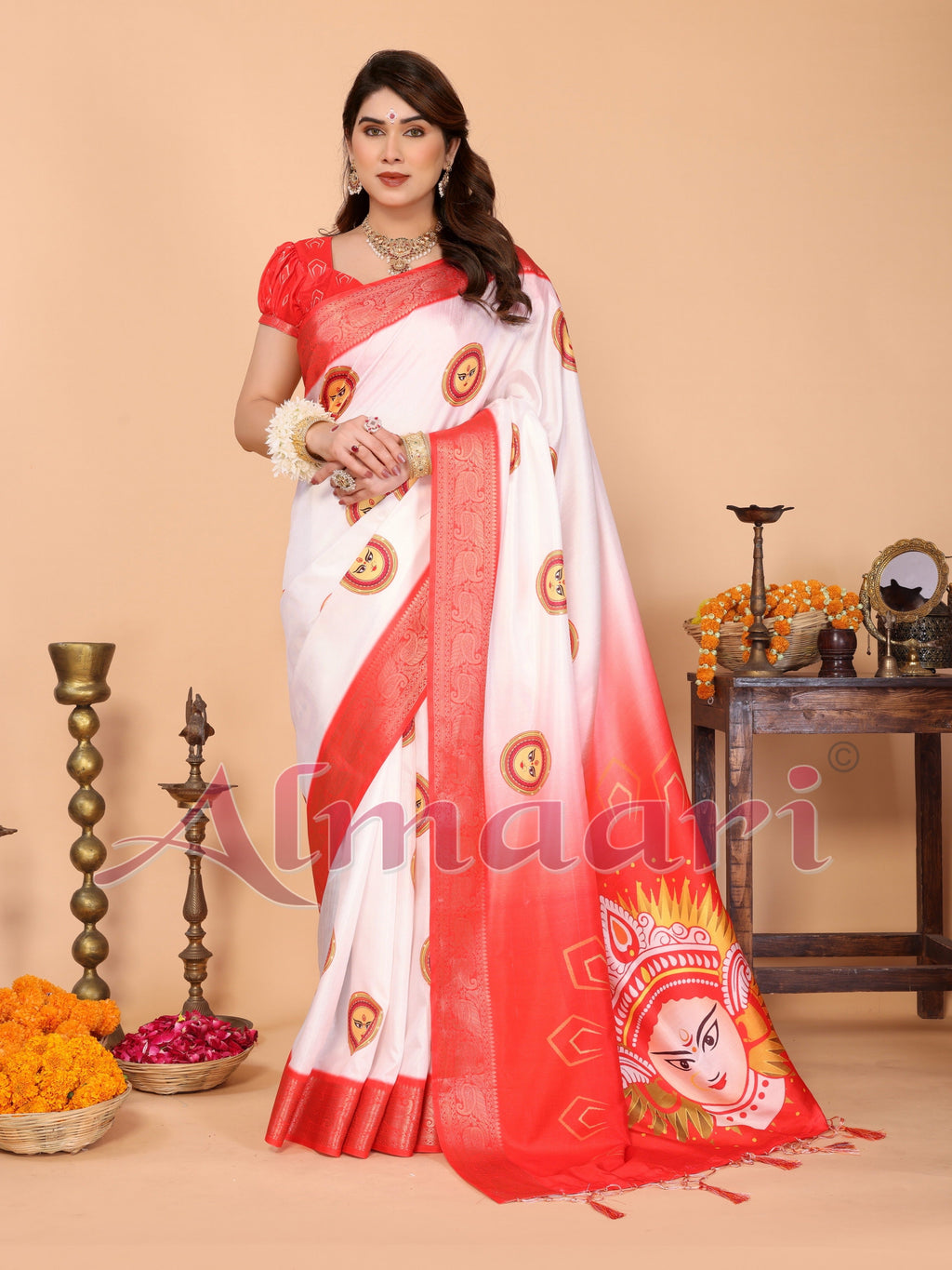 Off-White & Red Pure Tussar Silk Saree with Durga Face Print & Zari Woven Border | Festive Pallu & Tassel Detailing