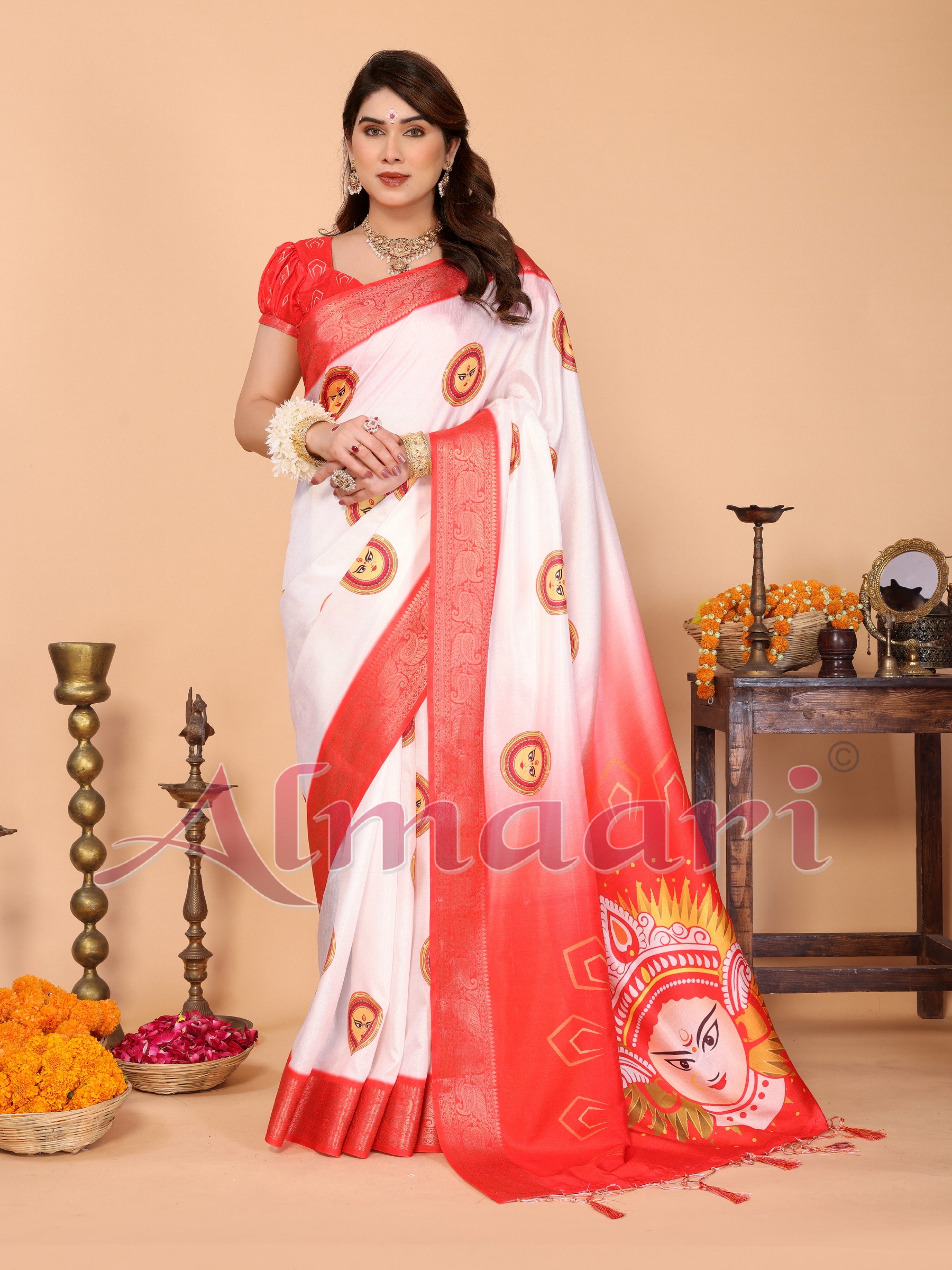 Off-White & Red Pure Tussar Silk Saree with Durga Face Print & Zari Woven Border | Festive Pallu & Tassel Detailing