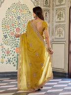 Mustard Yellow Fendy Satin Embroidered Saree with Elephant Motifs & Zari Border | Designer Festive Saree with Tassels & Heavy Embroidered Blouse