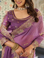 Lavender Purple Fendy Satin Embroidered Saree with Elephant Motifs & Zari Border | Designer Festive Wear Saree with Tassels & Heavy Embroidered Blouse
