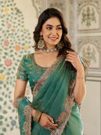 Sea Green Fendy Satin Embroidered Saree with Elephant Motifs & Heavy Zari Border | Designer Festive Wear Saree with Tassels & Embroidered Blouse