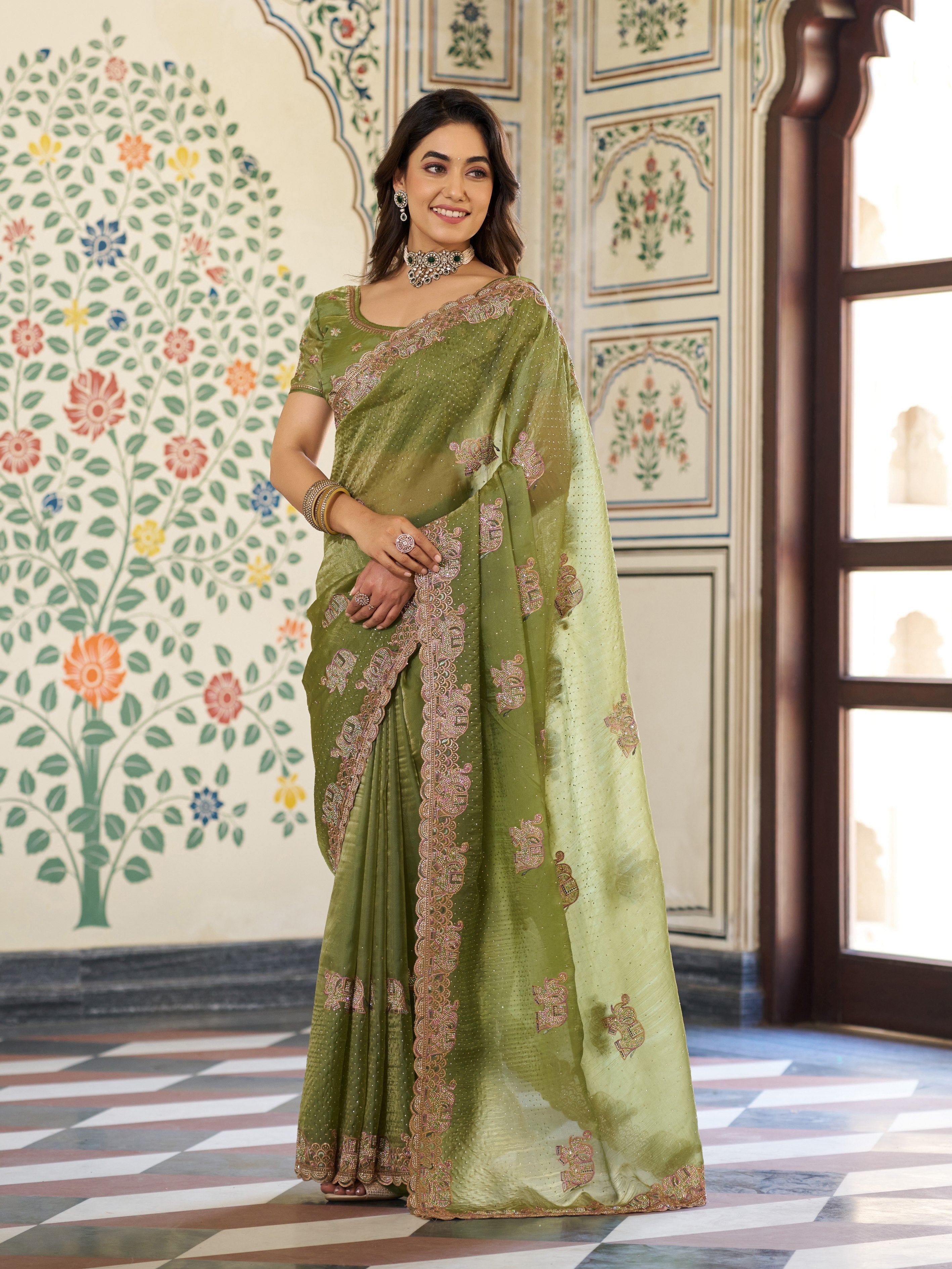 Olive Green Fendy Satin Embroidered Saree with Elephant Motifs & Zari Border | Designer Festive Saree with Tassels & Heavy Embroidered Blouse