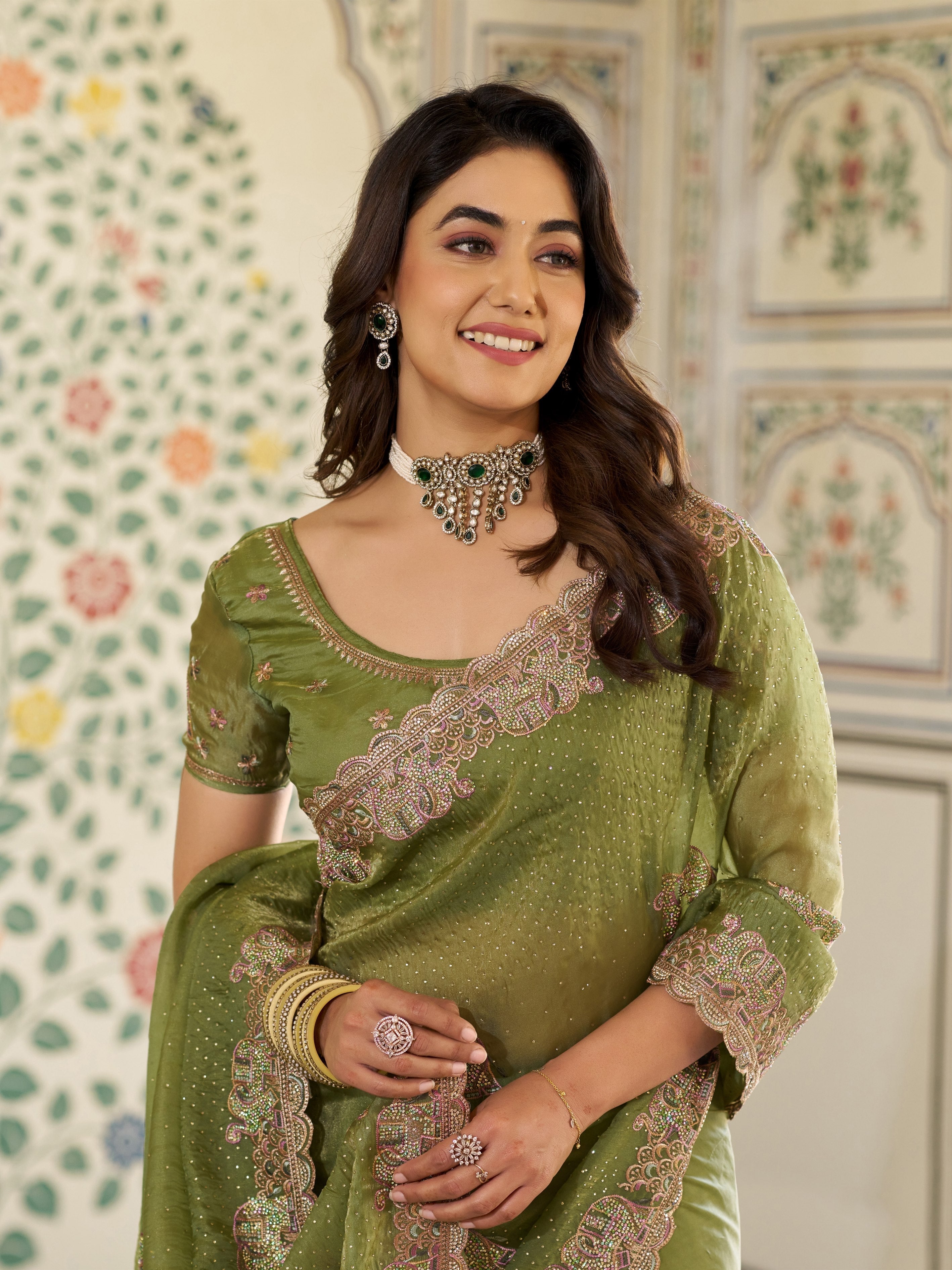 Olive Green Fendy Satin Embroidered Saree with Elephant Motifs & Zari Border | Designer Festive Saree with Tassels & Heavy Embroidered Blouse