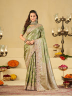 Pastel Green Banarasi Silk Saree with Heavy Embroidered Scallop Border & Rich Zari Woven Pallu | Designer Wedding Festive Saree