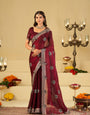 Wine Designer Fendy Satin Saree with Heavy Embroidered Border | Premium Festive Party Wear Saree with Floral Embroidery & Matching Blouse