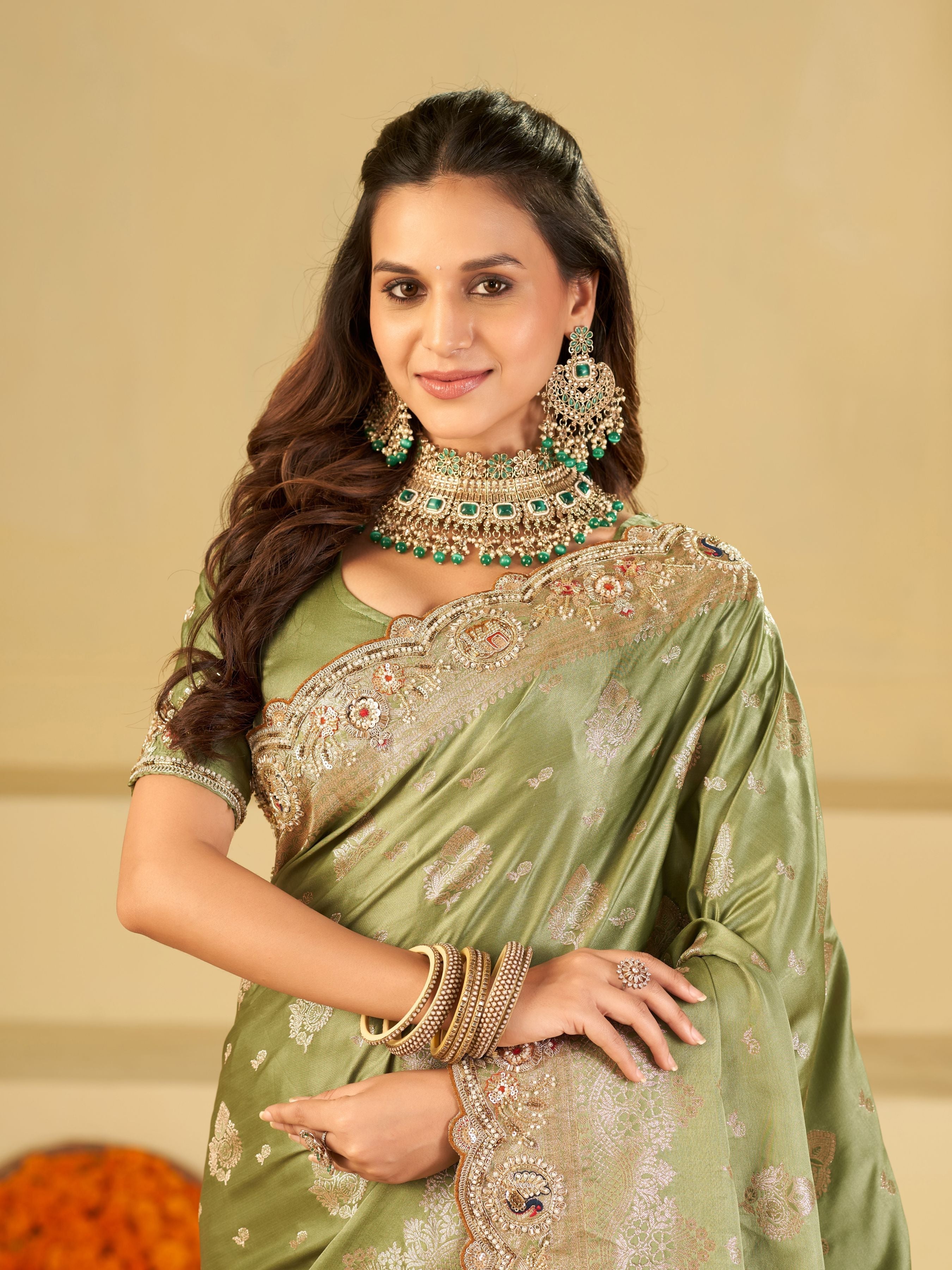 Pastel Green Banarasi Silk Saree with Heavy Embroidered Scallop Border & Rich Zari Woven Pallu | Designer Wedding Festive Saree