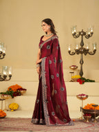 Wine Designer Fendy Satin Saree with Heavy Embroidered Border | Premium Festive Party Wear Saree with Floral Embroidery & Matching Blouse