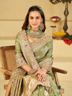 Pastel Green Banarasi Silk Saree with Heavy Embroidered Scallop Border & Rich Zari Woven Pallu | Designer Wedding Festive Saree
