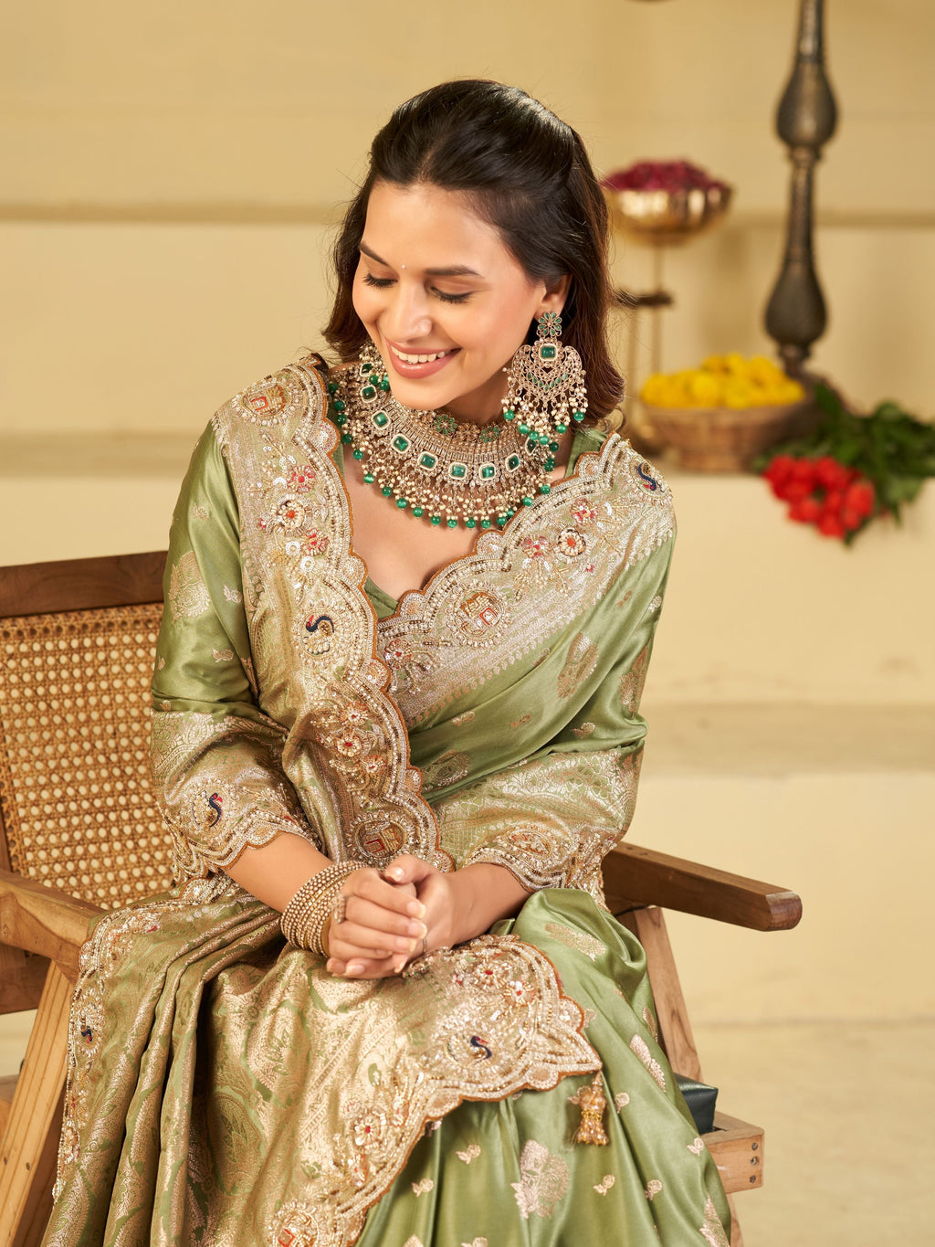 Pastel Green Banarasi Silk Saree with Heavy Embroidered Scallop Border & Rich Zari Woven Pallu | Designer Wedding Festive Saree