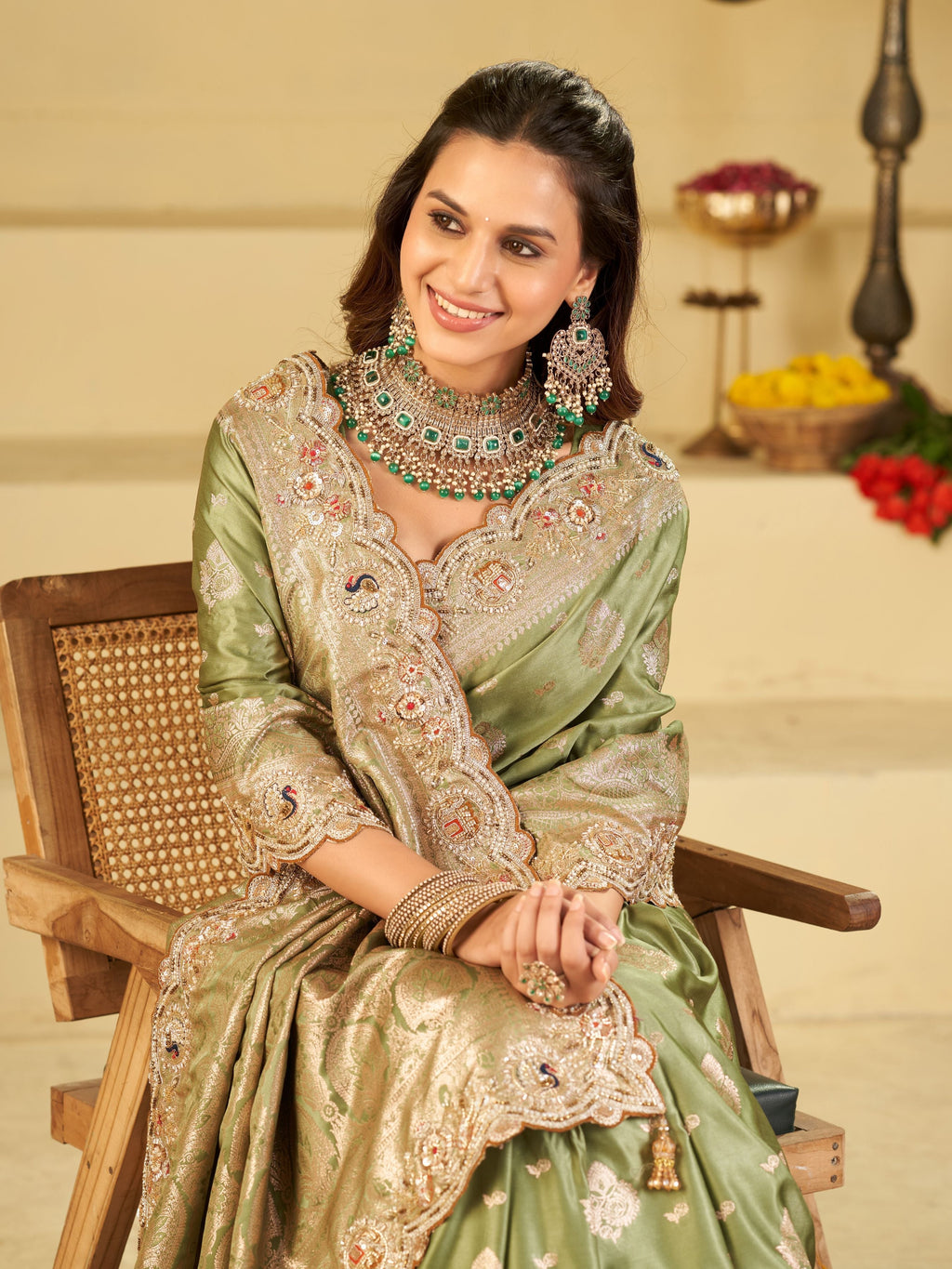 Pastel Green Banarasi Silk Saree with Heavy Embroidered Scallop Border & Rich Zari Woven Pallu | Designer Wedding Festive Saree