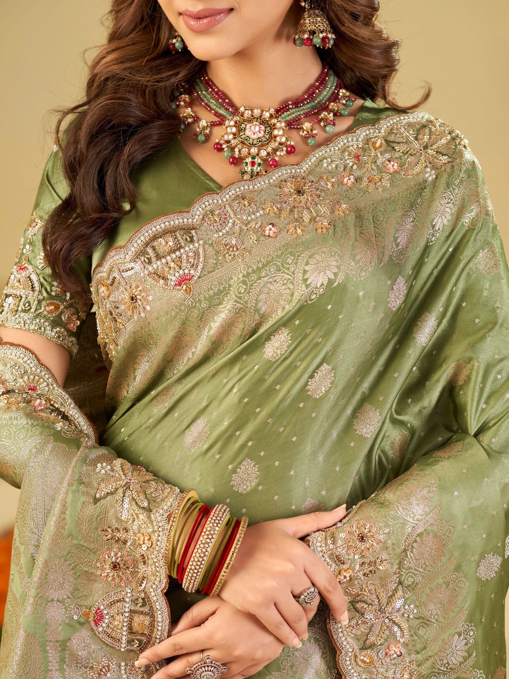 Pista Green Banarasi Silk Saree with Heavy Embroidered Border & Rich Zari Woven Pallu | Designer Wedding Festive Saree