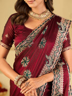 Wine Designer Fendy Satin Saree with Heavy Embroidered Border | Premium Festive Party Wear Saree with Floral Embroidery & Matching Blouse