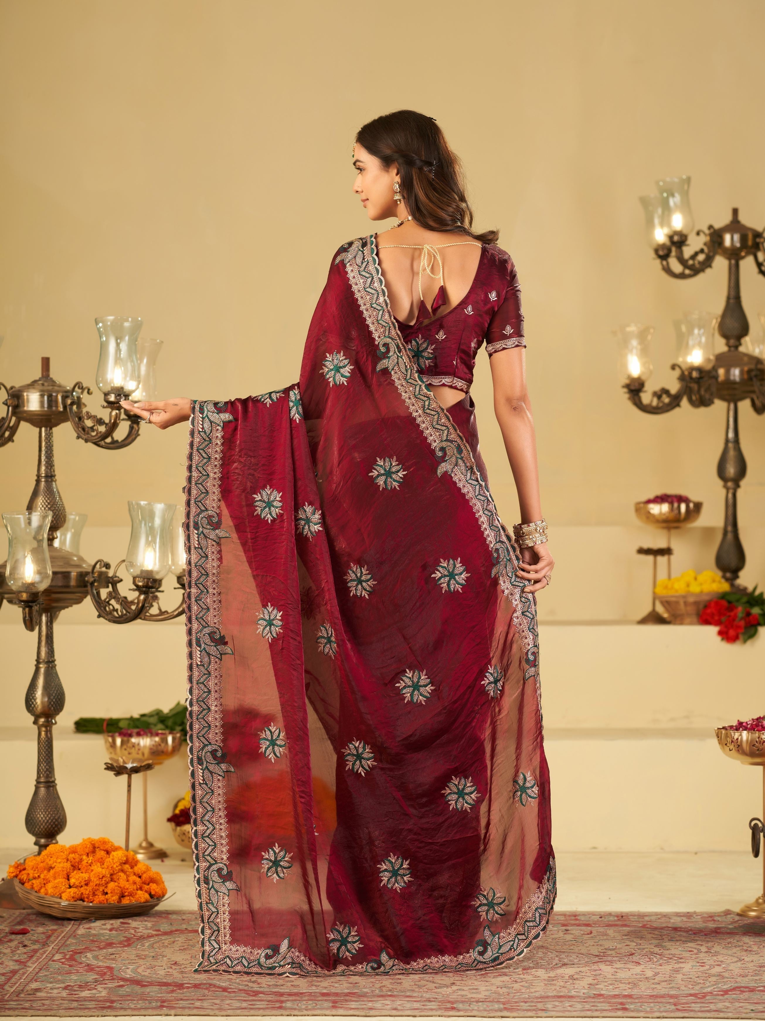 Wine Designer Fendy Satin Saree with Heavy Embroidered Border | Premium Festive Party Wear Saree with Floral Embroidery & Matching Blouse