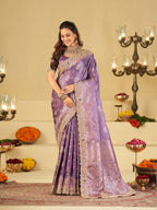 Lavender Purple Banarasi Silk Saree with Heavy Embroidered Border & Rich Zari Woven Pallu | Designer Wedding Festive Saree