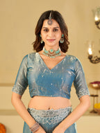 Sky Blue Fendy Satin Saree with White Floral Embroidery Border | Elegant Designer Party Wear Saree with Blouse