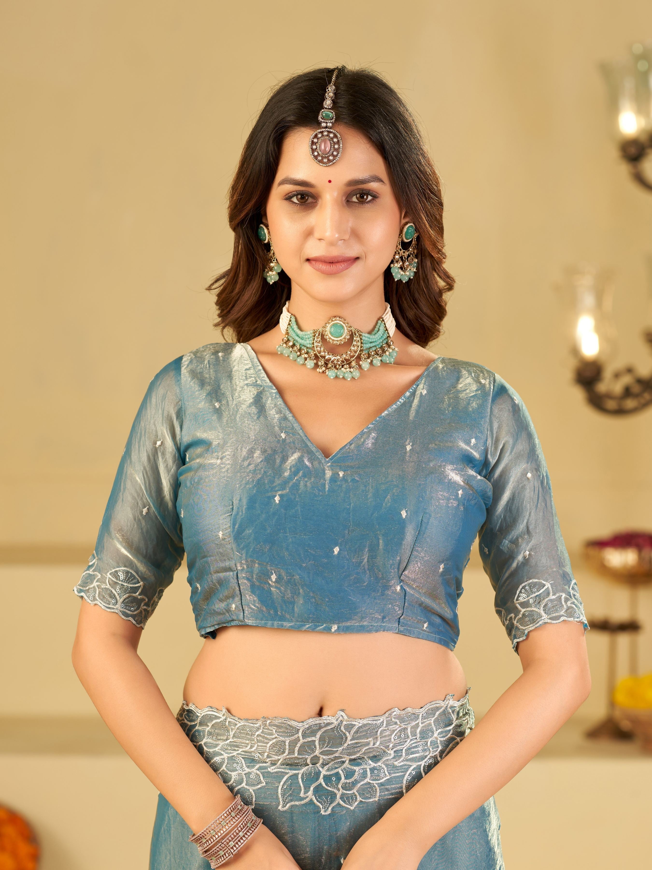 Sky Blue Fendy Satin Saree with White Floral Embroidery Border | Elegant Designer Party Wear Saree with Blouse