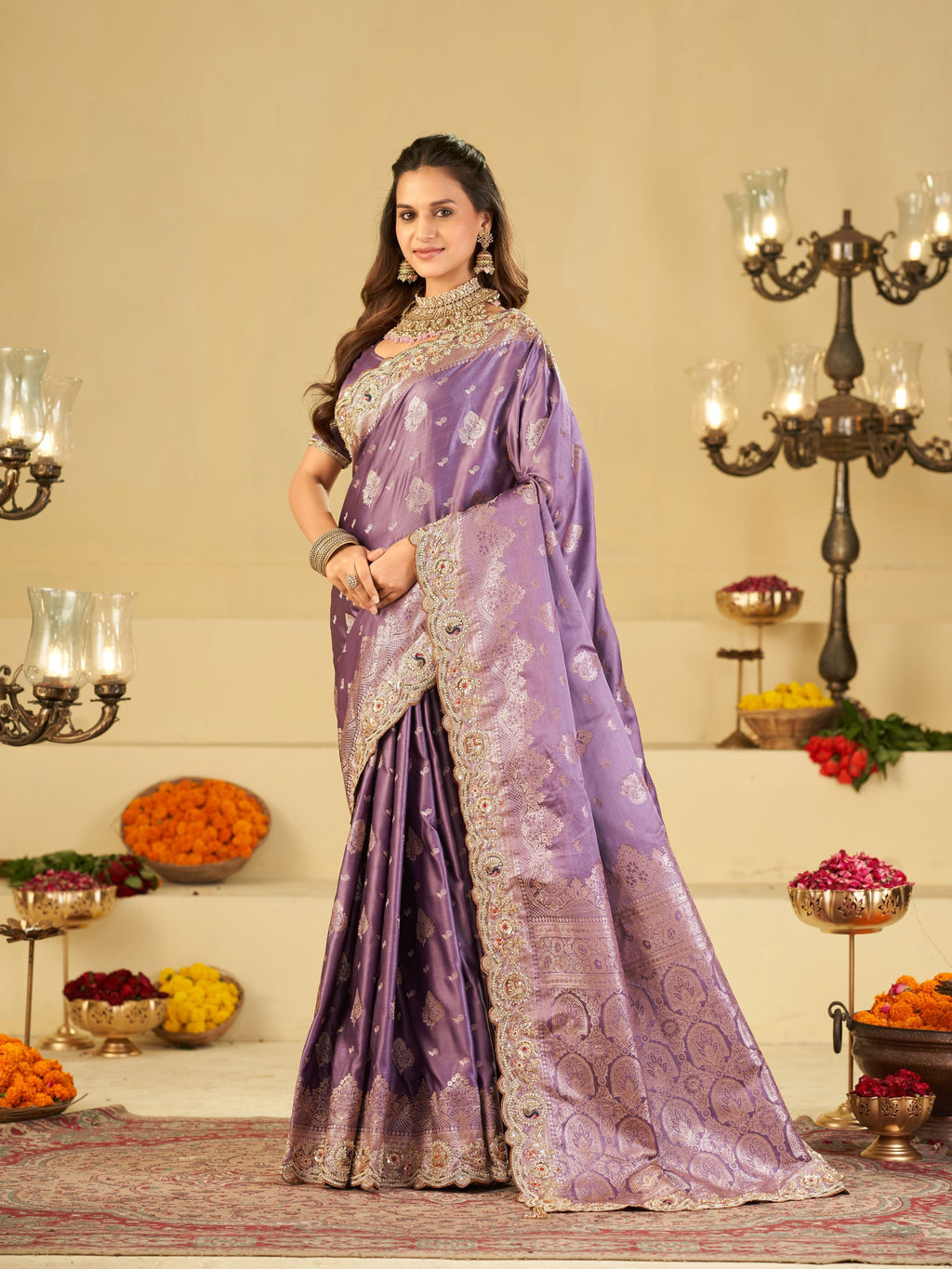 Lavender Purple Banarasi Silk Saree with Heavy Embroidered Border & Rich Zari Woven Pallu | Designer Wedding Festive Saree