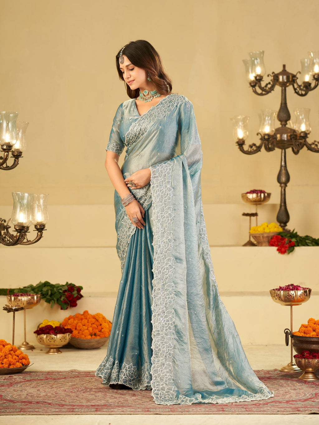 Sky Blue Fendy Satin Saree with White Floral Embroidery Border | Elegant Designer Party Wear Saree with Blouse