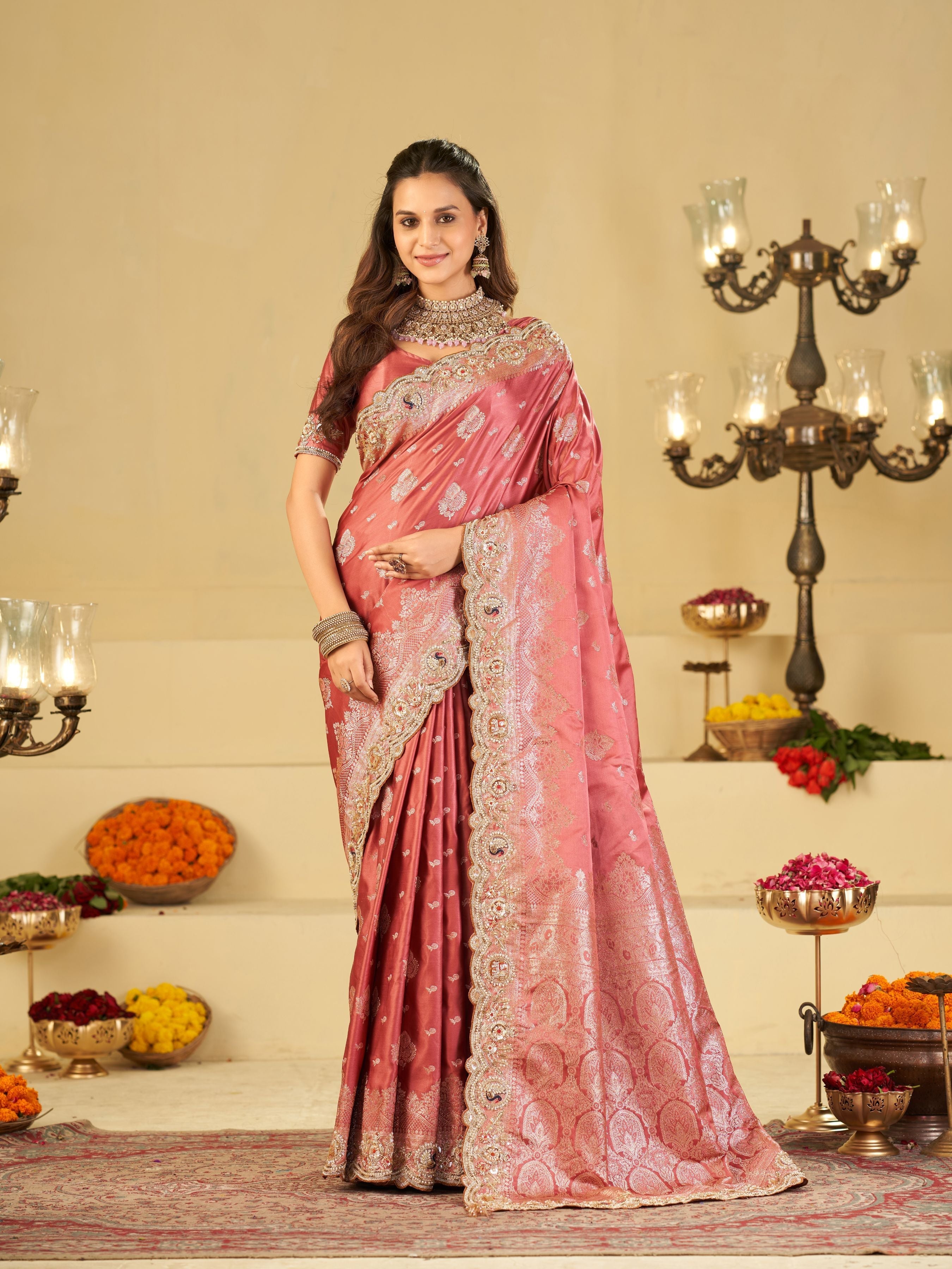 Dusty Rose Pink Banarasi Silk Saree with Heavy Embroidered Scallop Border & Rich Zari Woven Pallu | Designer Wedding Festive Saree