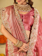 Dusty Rose Pink Banarasi Silk Saree with Heavy Embroidered Scallop Border & Rich Zari Woven Pallu | Designer Wedding Festive Saree