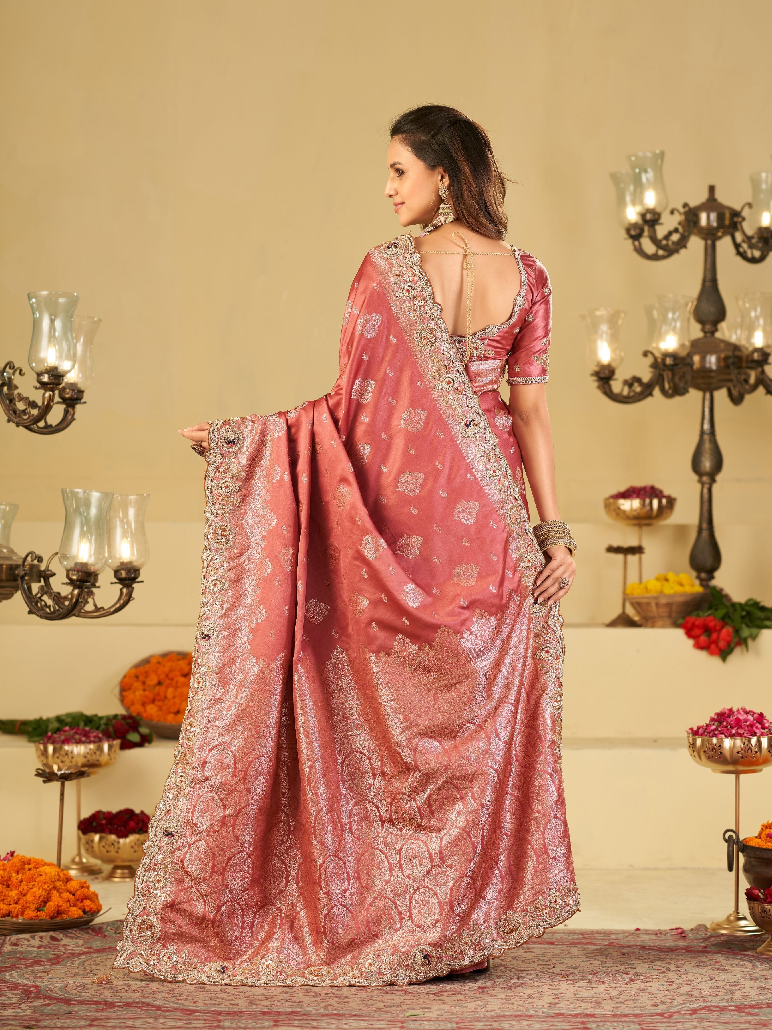 Dusty Rose Pink Banarasi Silk Saree with Heavy Embroidered Scallop Border & Rich Zari Woven Pallu | Designer Wedding Festive Saree
