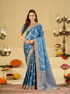 Sky Blue Banarasi Silk Saree with Heavy Embroidered Border & Rich Zari Woven Pallu | Designer Wedding Festive Saree