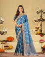 Sky Blue Banarasi Silk Saree with Heavy Embroidered Border & Rich Zari Woven Pallu | Designer Wedding Festive Saree