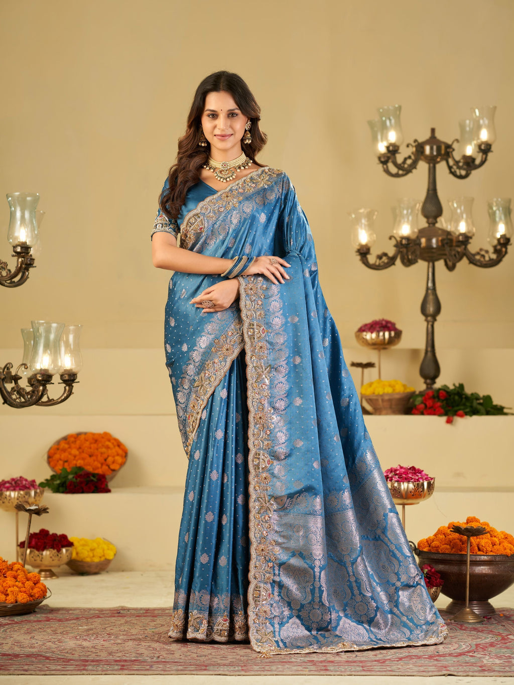 Royal Blue Banarasi Silk Saree with Heavy Embroidered Border & Rich Zari Woven Pallu | Designer Wedding Festive Saree